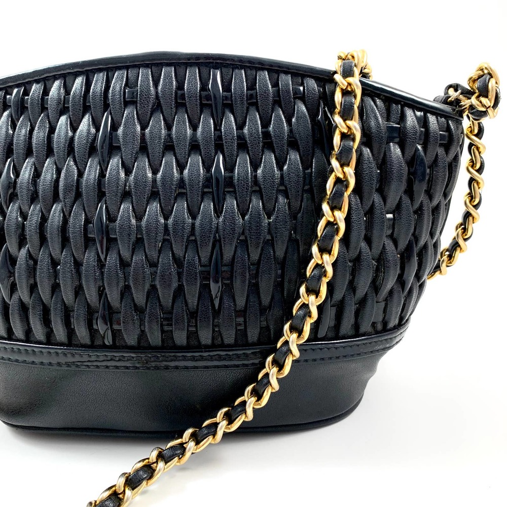 Black Woven Leather Shoulder Bag with Gold Chain Strap